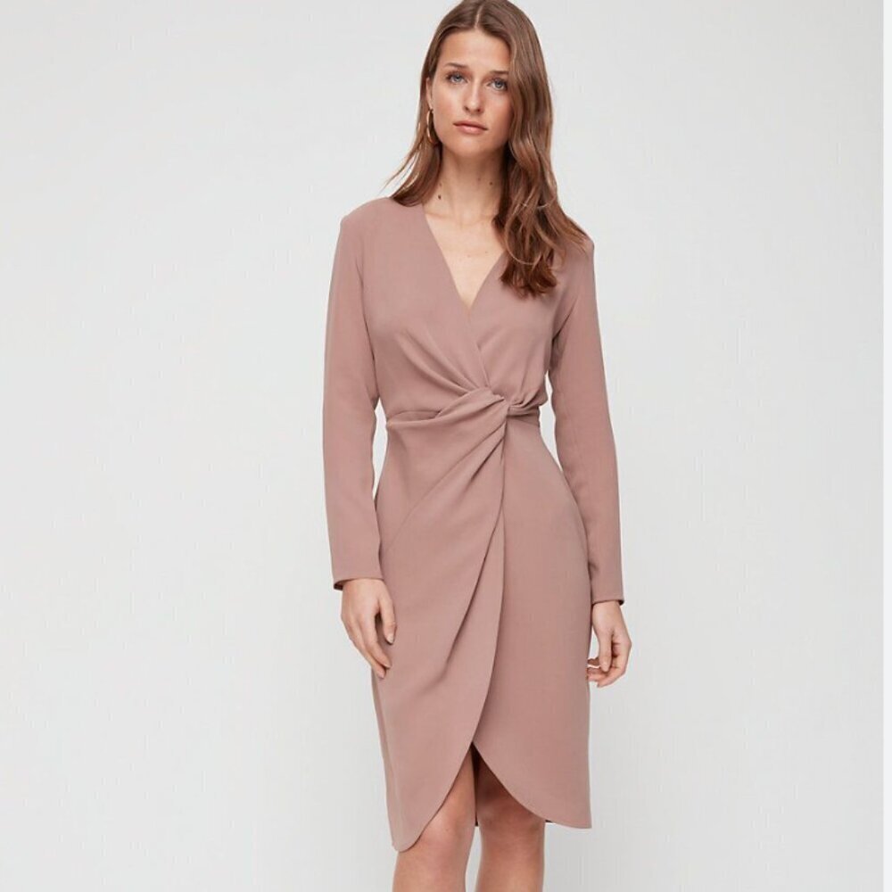 Aritzia Babaton Twist Front Long Sleeve Dress Beige Taupe Size Small